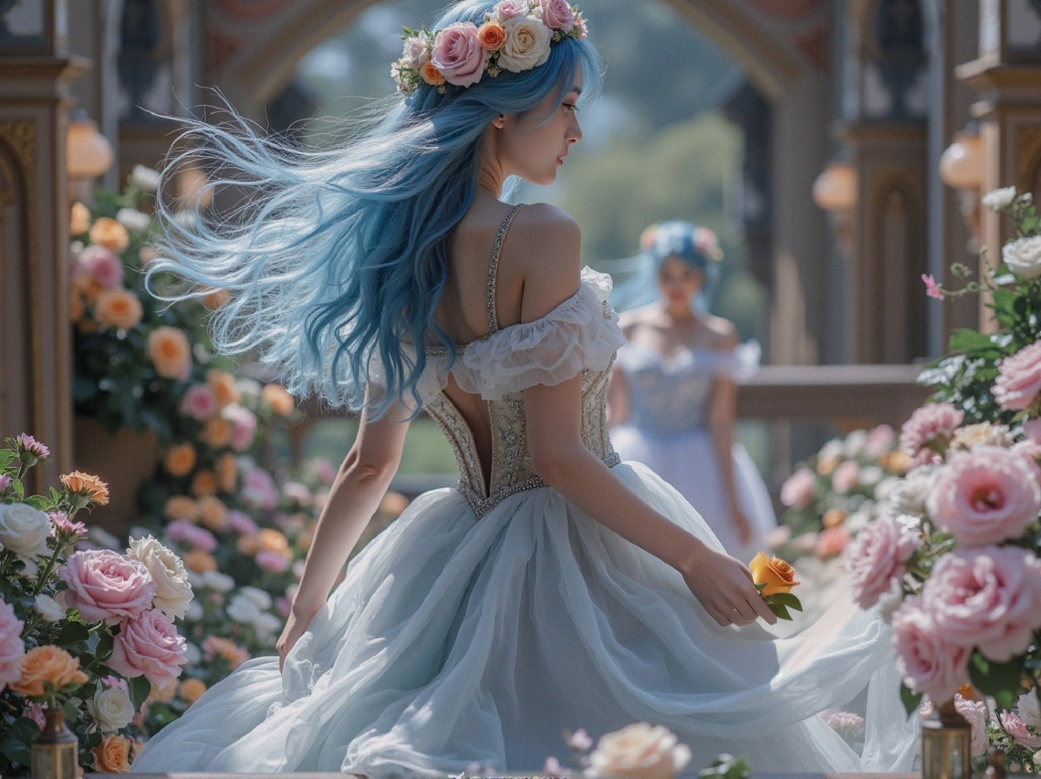 Whimsical Garden Scene with Young Woman in Gown