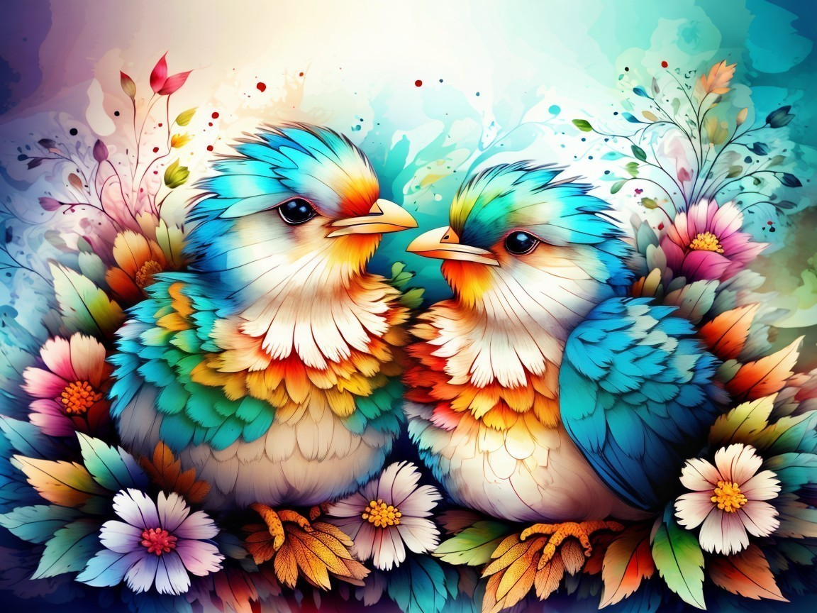 Colorful Birds Among Vibrant Flowers and Foliage