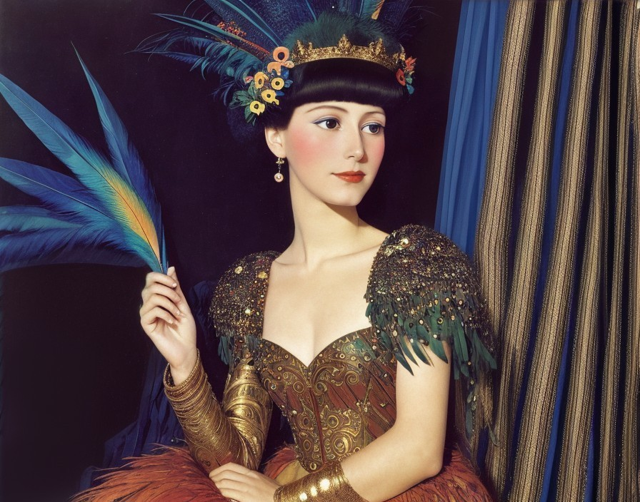 Lavish Costume with Gold Detailing and Vibrant Feathers