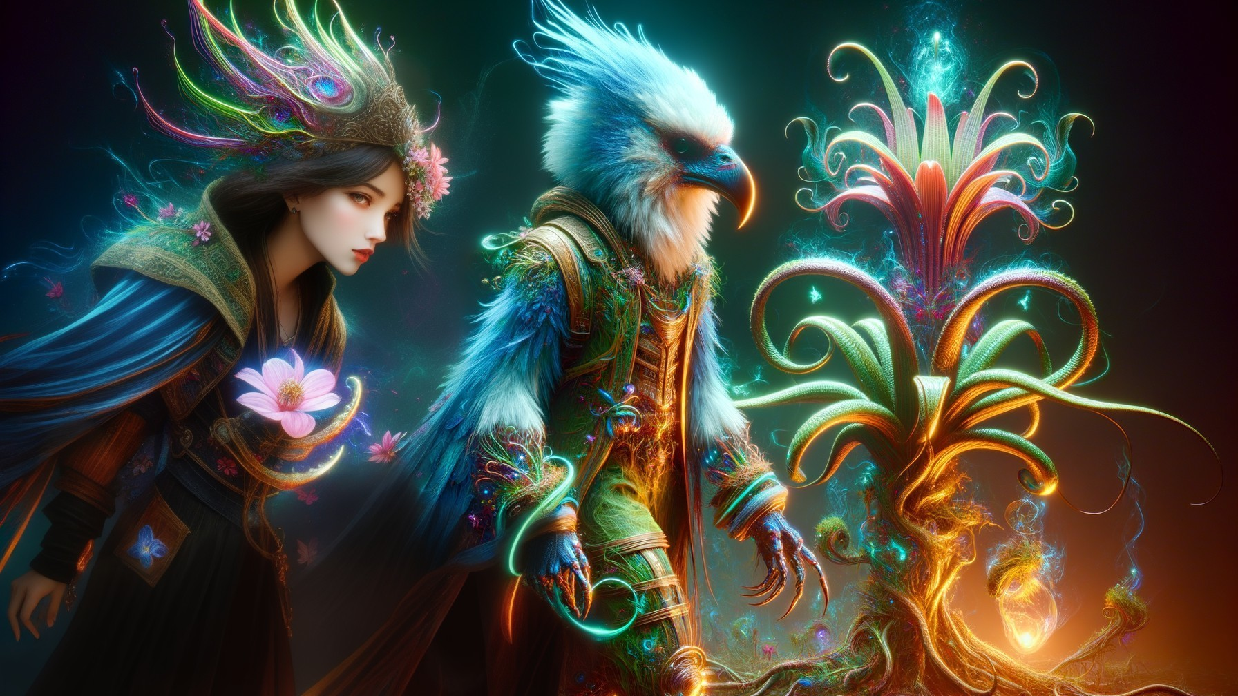Vibrant Scene of Woman and Griffin in Fantasy Setting