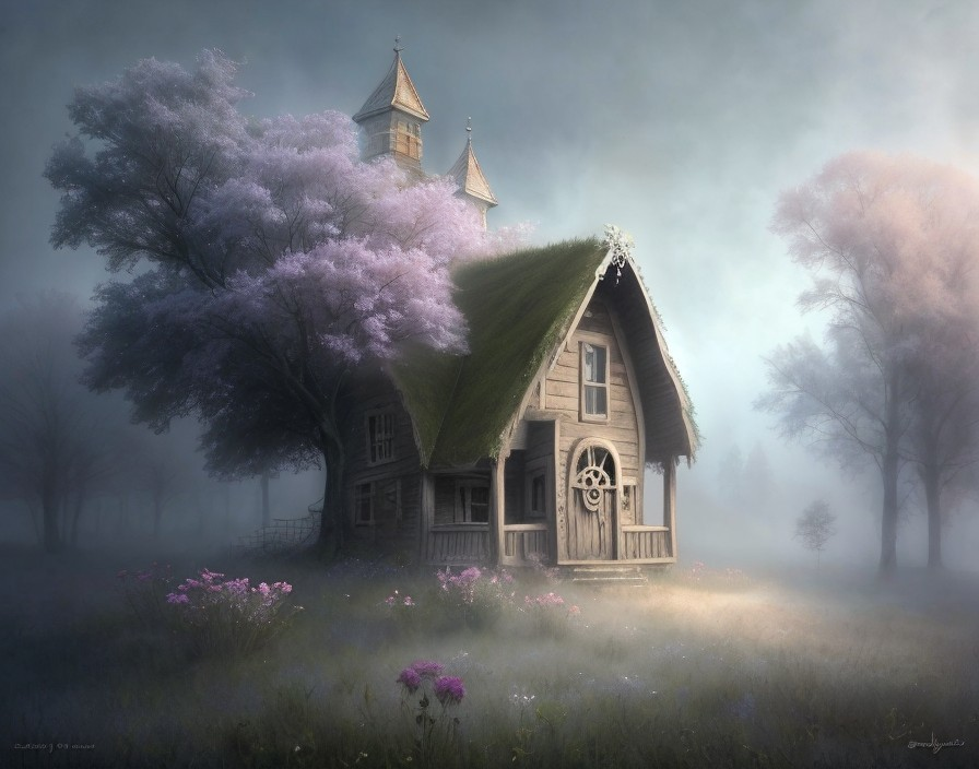 Foggy landscape with wooden house and purple trees