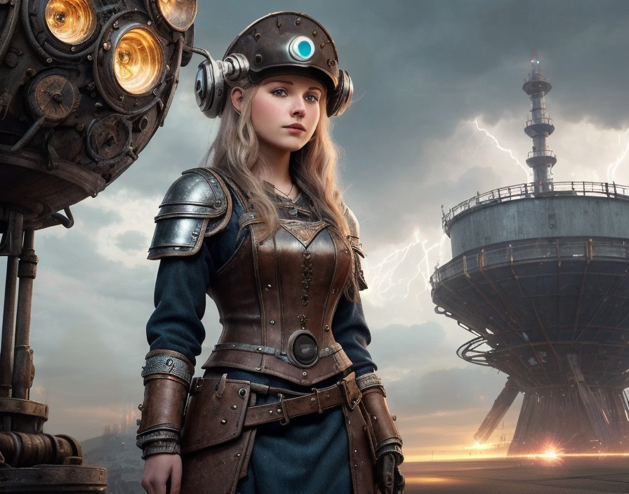 Steampunk Woman in Armor Against Industrial Landscape