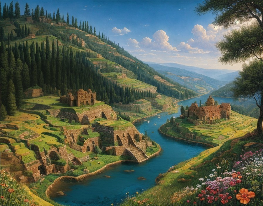 Lush Green Hills with Ancient Ruins and Charming Village