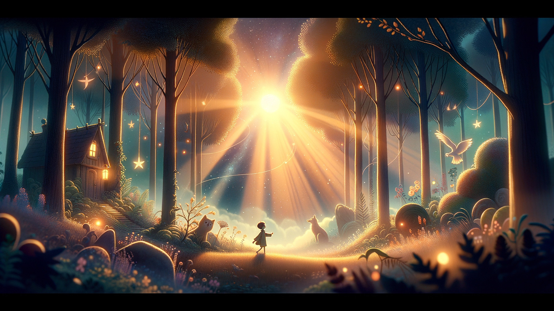 Magical Forest Scene with Child and Whimsical Creatures