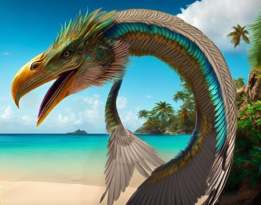 Colorful bird with eagle-like beak flying over tropical beach