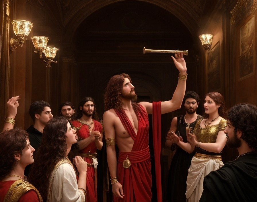 Dramatic Gathering in a Grand Hall with Central Figure