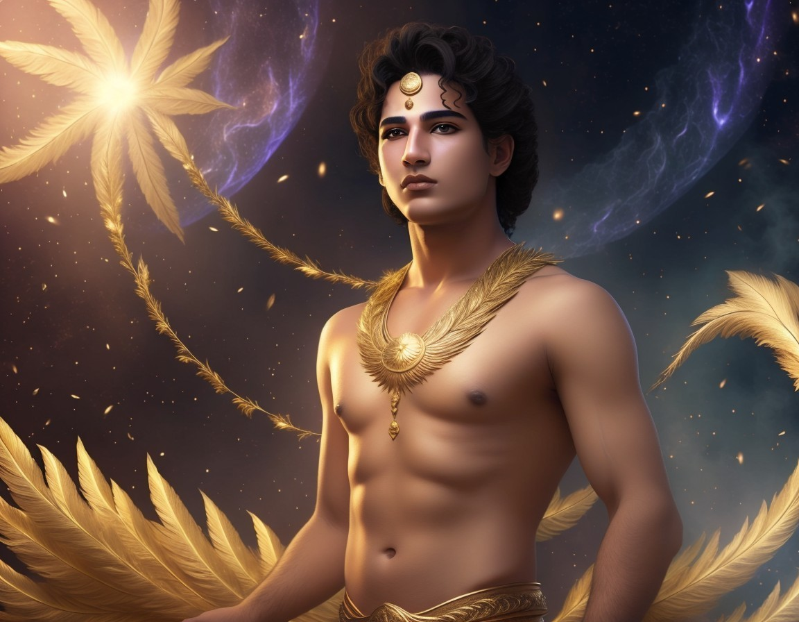 Young man in ornate jewelry against cosmic background