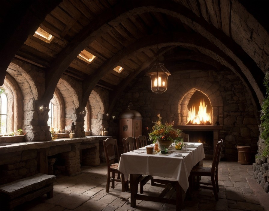 Medieval-style Stone Room with Arched Ceiling & Fireplace