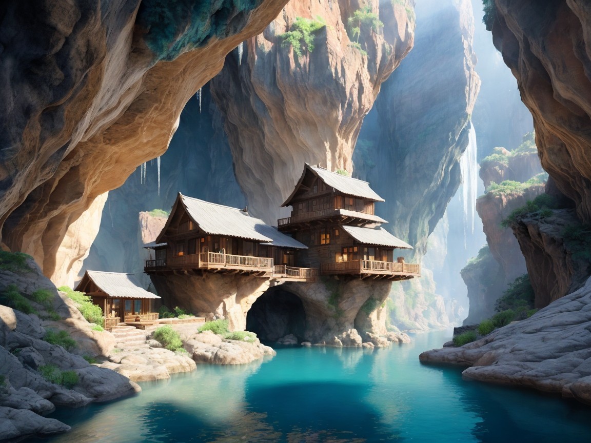 Serene Landscape with Wooden Houses and Waterfalls