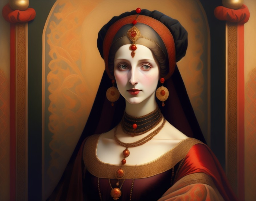 Regal Woman in Rich Historical Attire and Jewelry