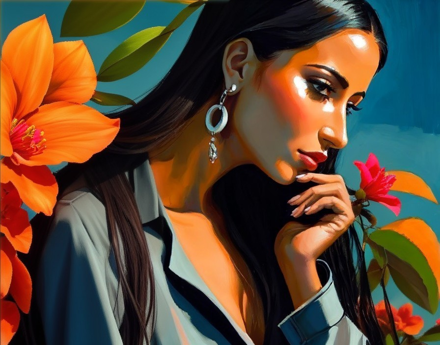 Woman with Dark Hair Surrounded by Vibrant Flowers