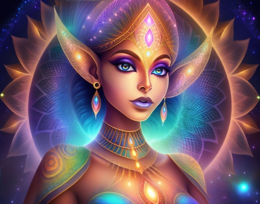 Celestial Woman Portrait with Vibrant Cosmic Elements