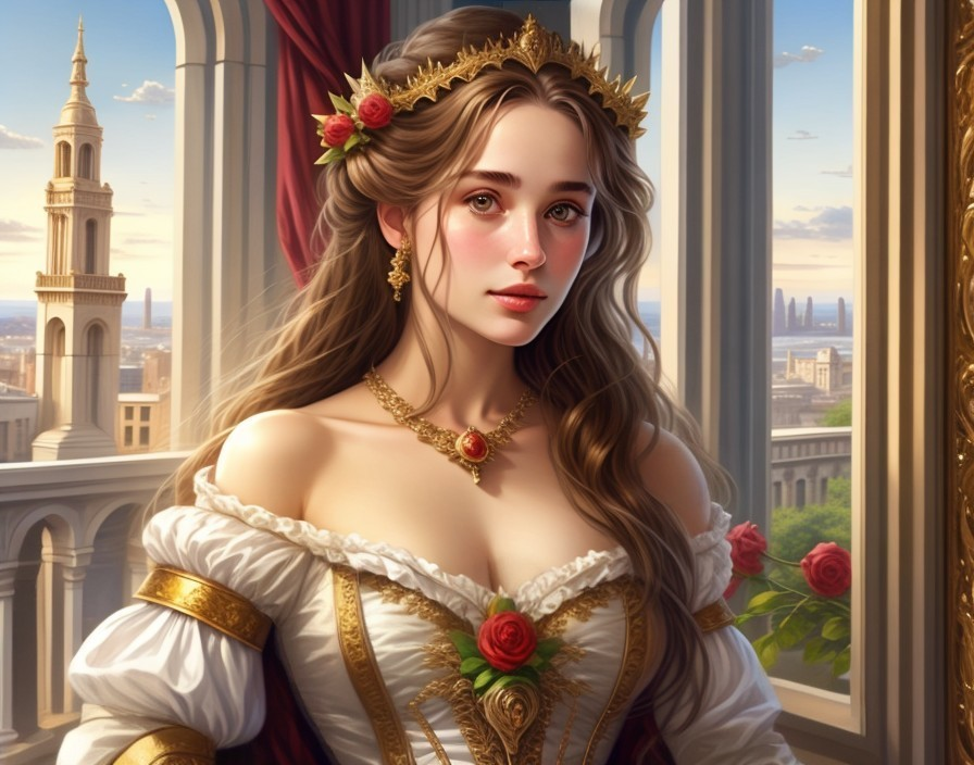 Elegant Woman by Ornate Window with Cityscape View