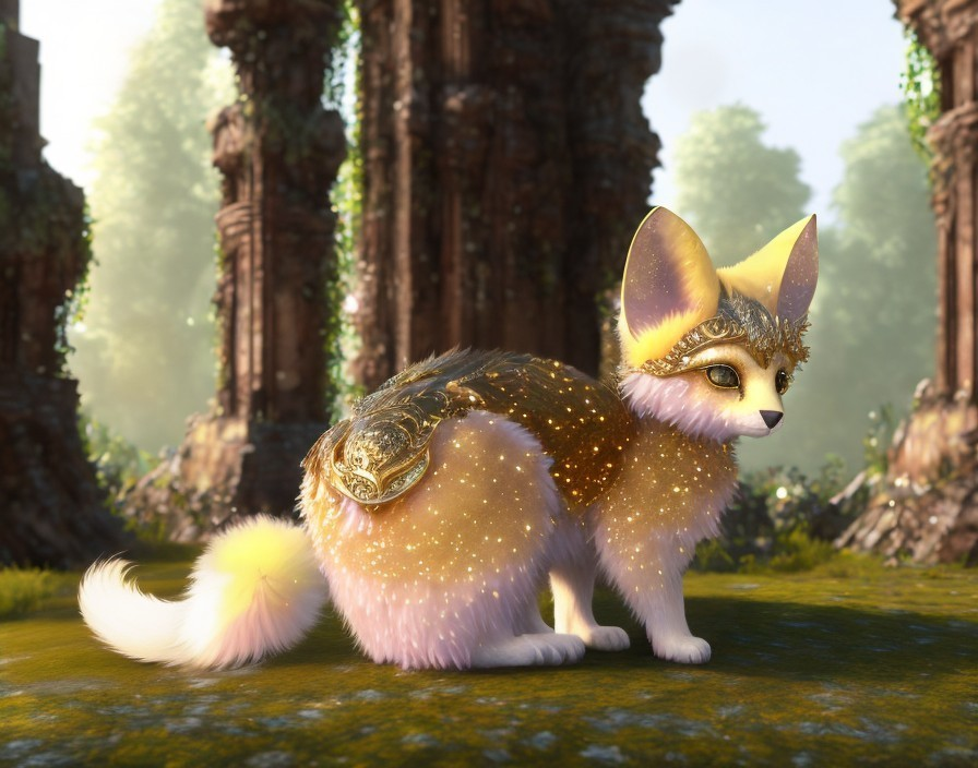 Mystical fox in enchanted forest with ancient ruins