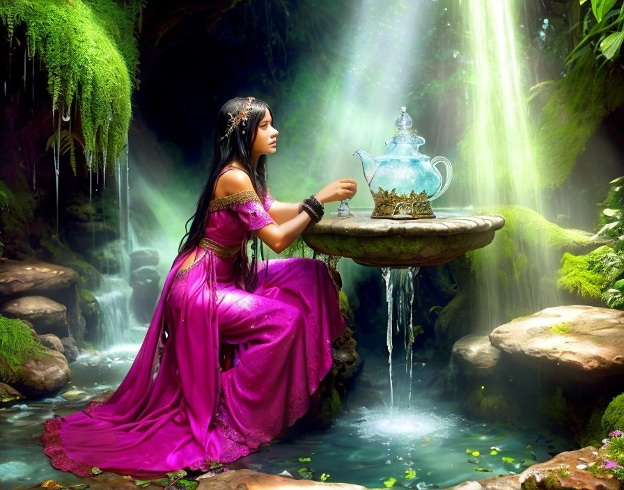 Woman in Purple Dress by Stone Table in Forest