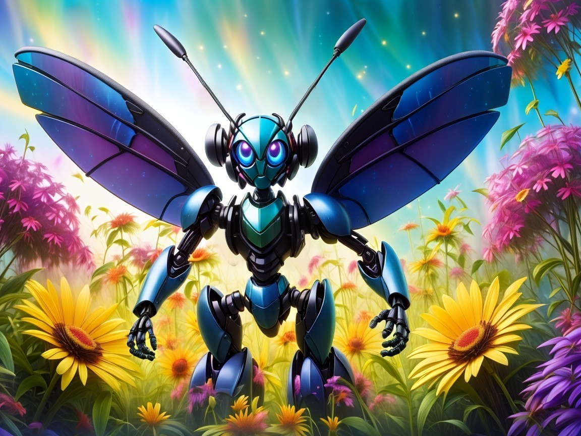 Futuristic Robot Butterfly in a Colorful Meadow
