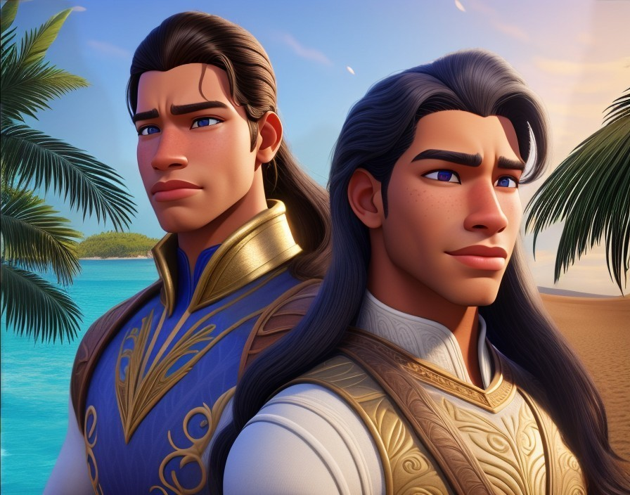 Animated Young Men in Tropical Setting with Palm Trees