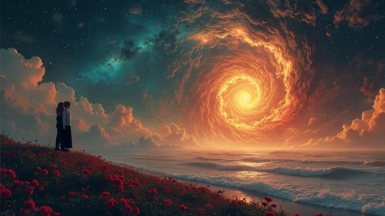 Figures on Shoreline with Orange Vortex in Sky
