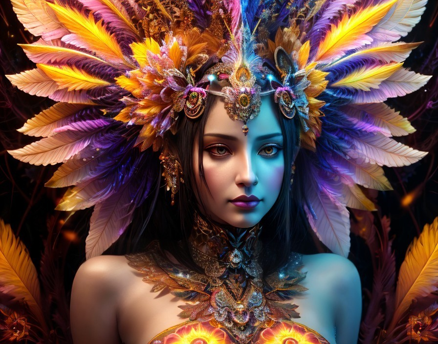 Colorful Feathered Headgear and Jewelry Displayed