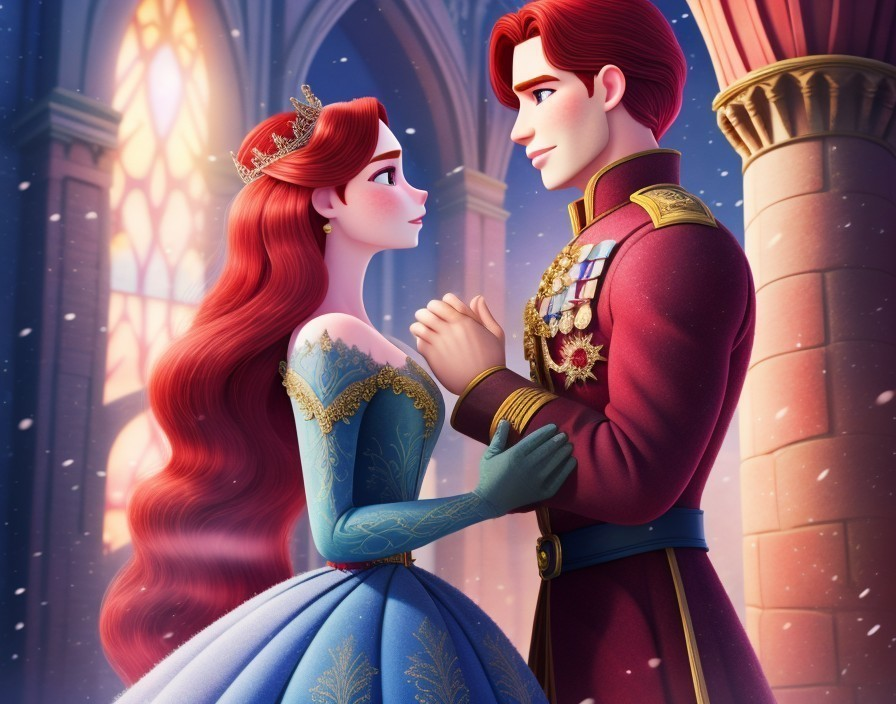 Princess in Blue Gown and Prince in Red Uniform