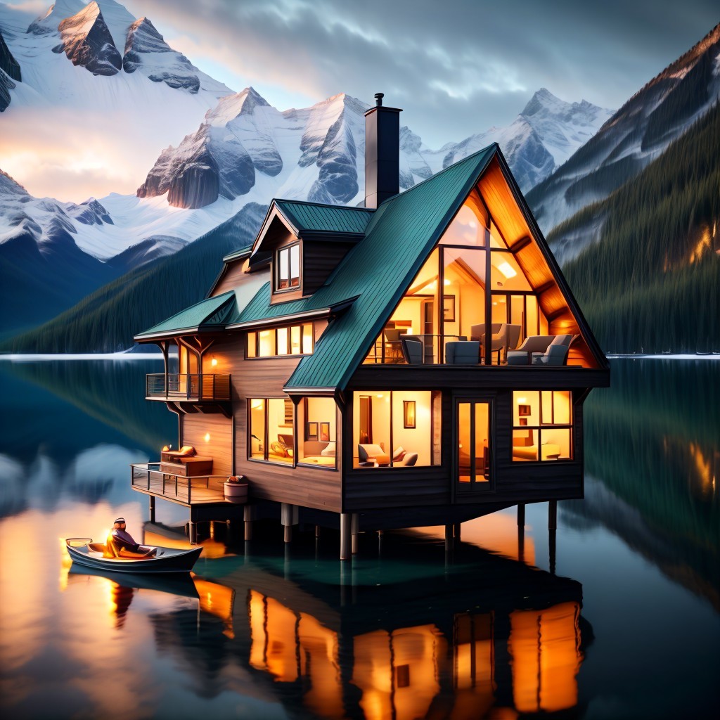 Modern chalet-style house on stilts by serene lake