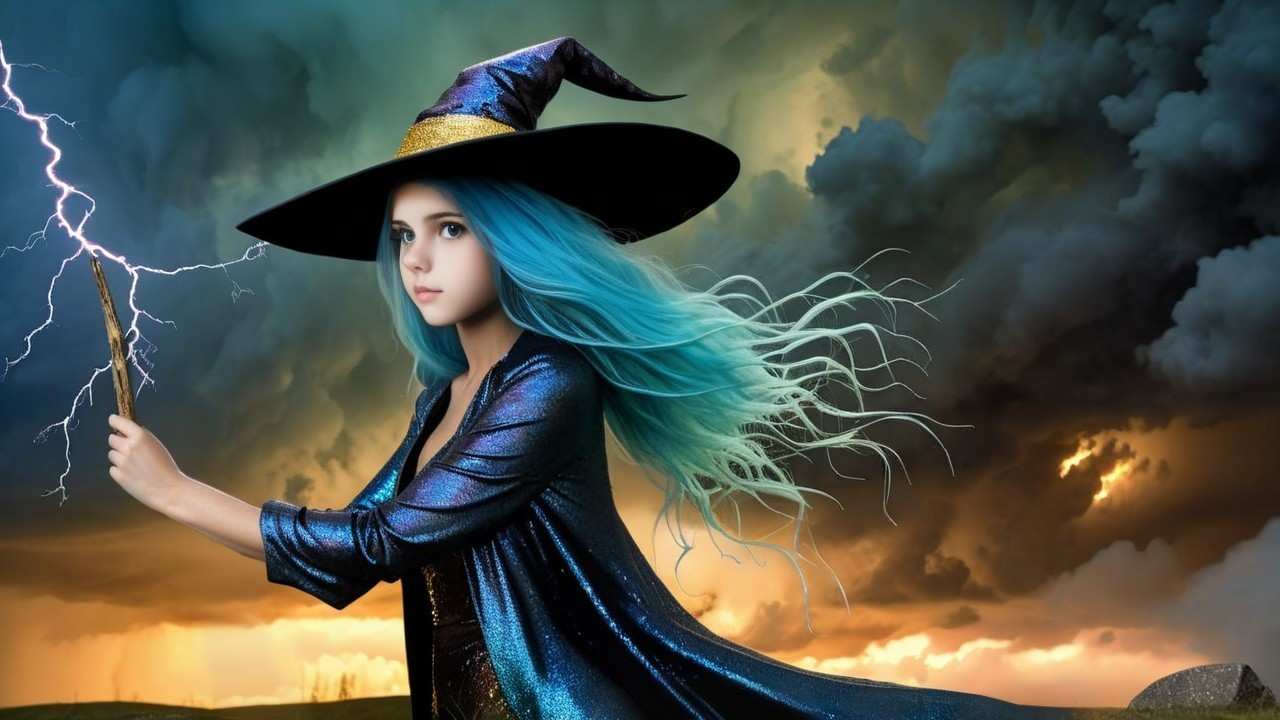 Mystical witch in turquoise hair and black hat against storm