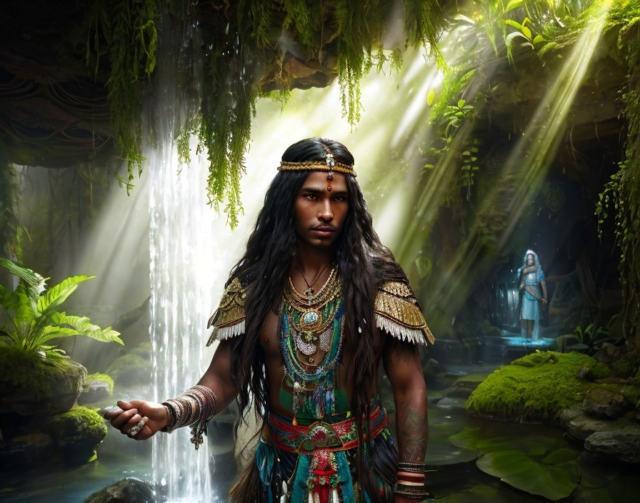 Tribal Attire in Mystical Forest with Sunbeams