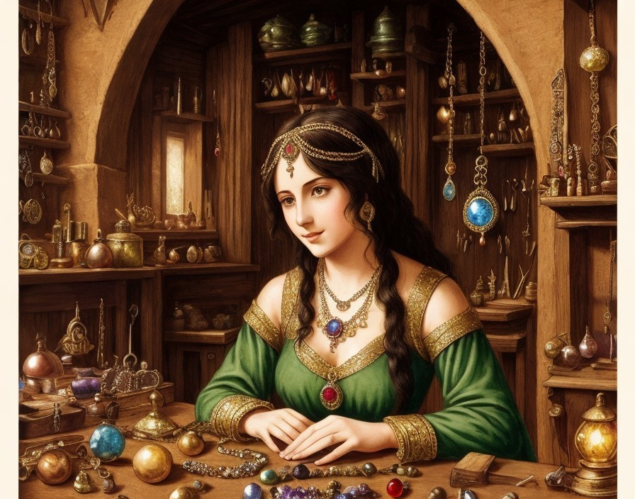 Young Woman in Green Dress Surrounded by Jewelry