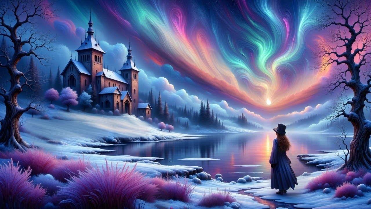 Serene winter landscape with castle and auroras