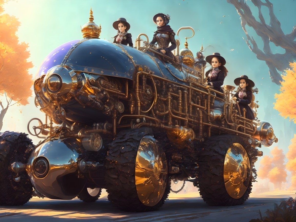 Futuristic steampunk vehicle with Victorian riders