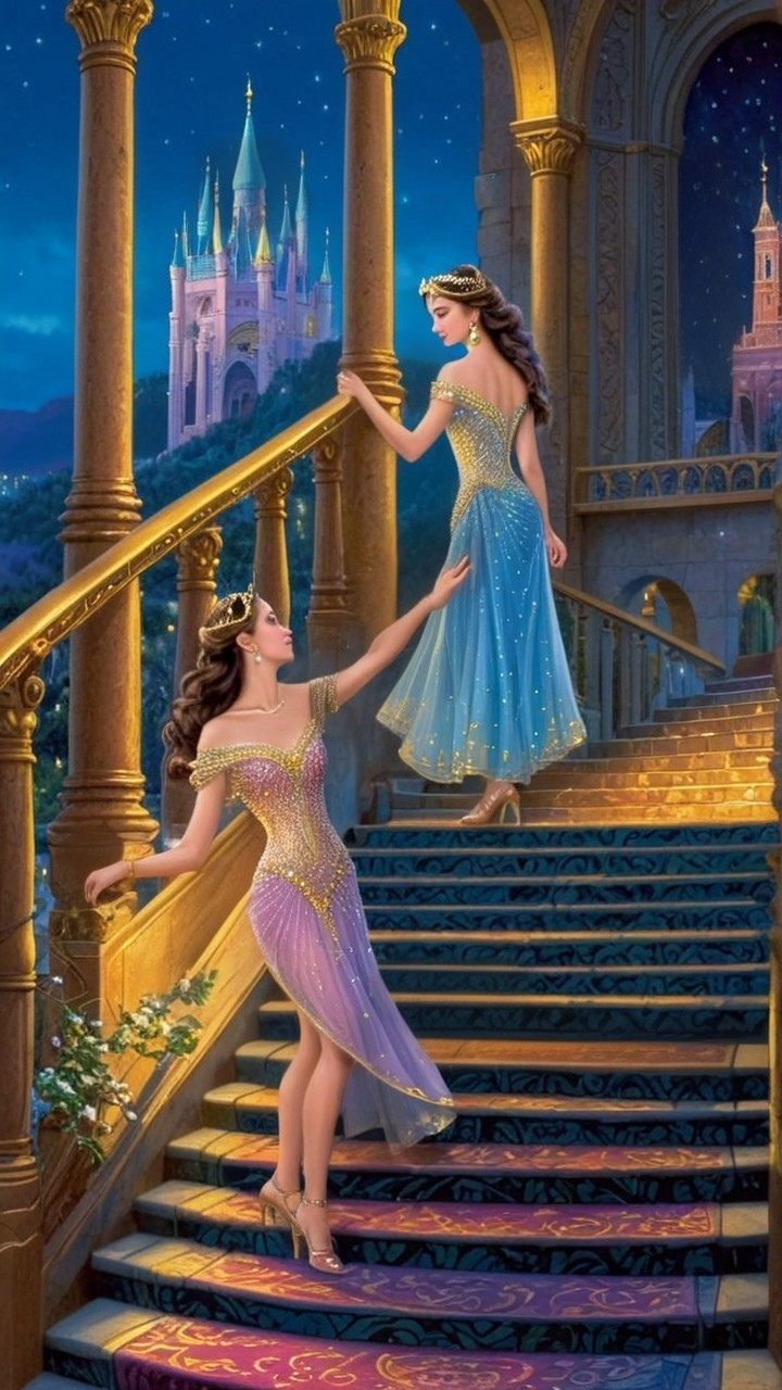 Two Princesses on a Grand Staircase in a Castle