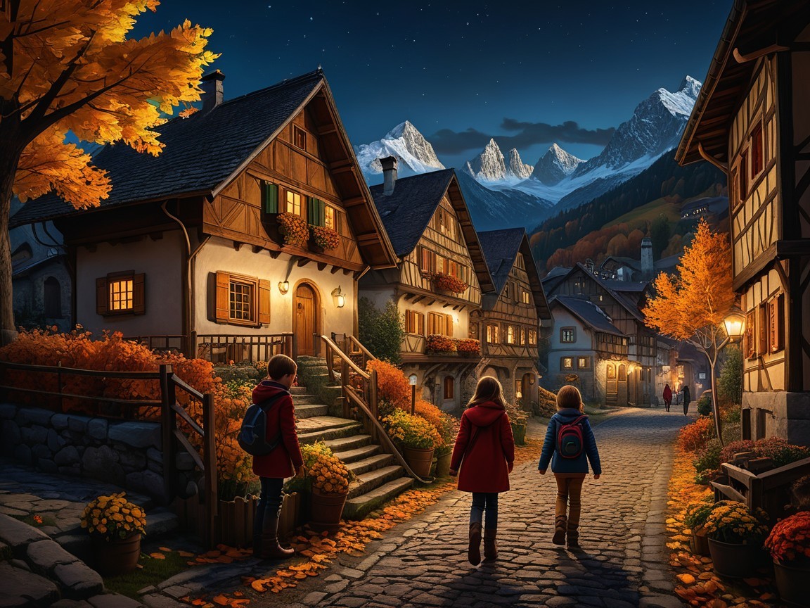 Charming Village Scene Under Starlit Autumn Skies