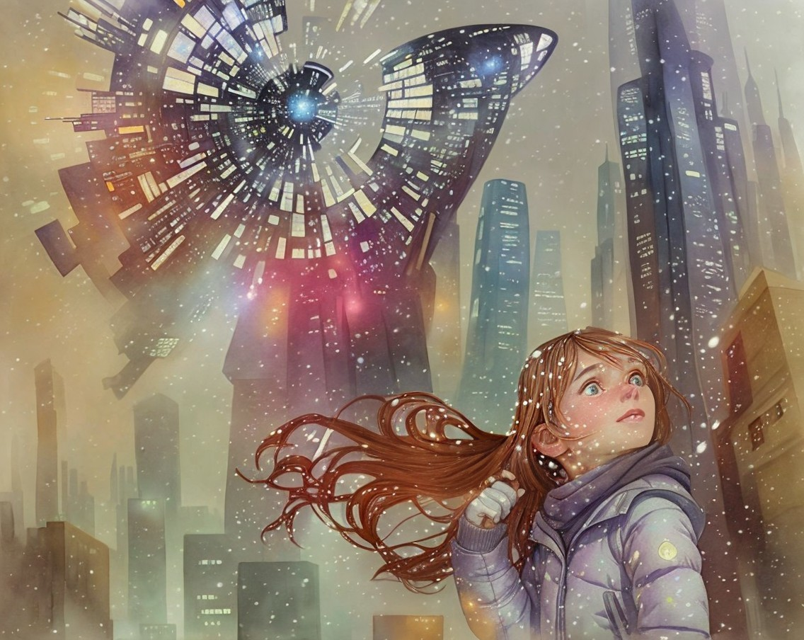 Young girl in futuristic city with hovering spaceship