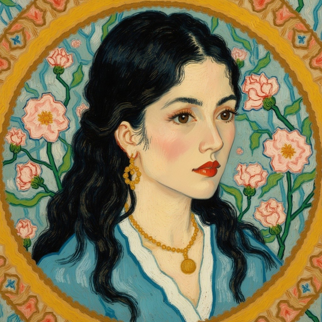 Young Woman in Blue Garment Surrounded by Flowers
