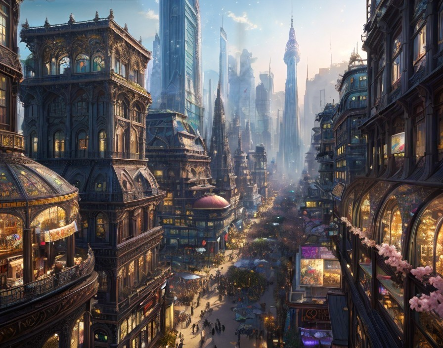 Futuristic Cityscape with Vintage Architecture and Nature