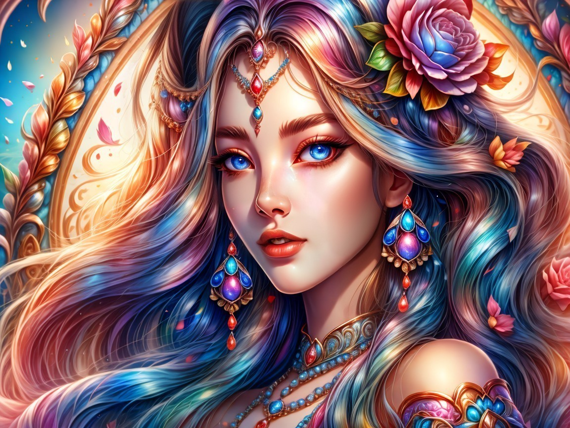 Illustration of a woman with vibrant hair and jewelry