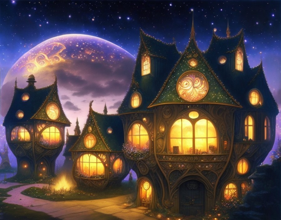 Fantasy house with glowing windows under luminous moon