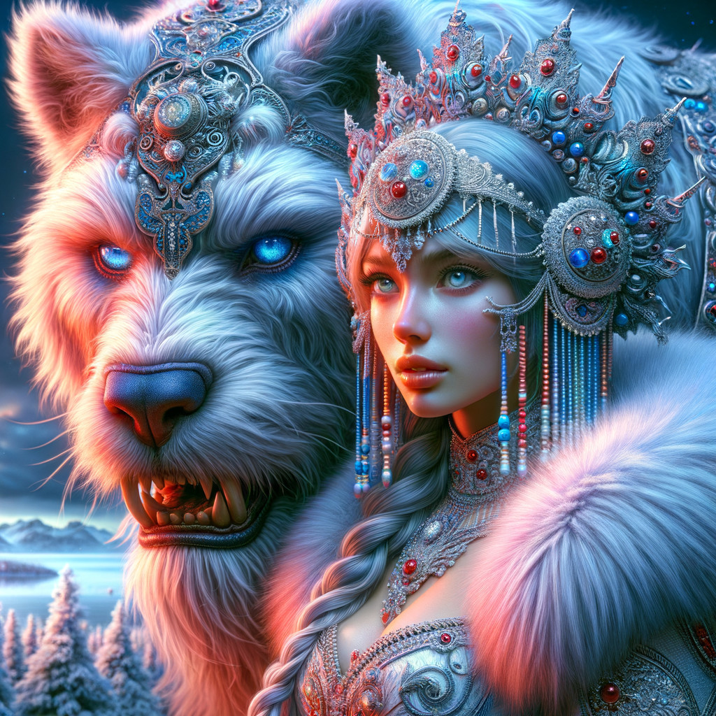 Majestic Woman with Wolf in Snowy Fantasy Scene