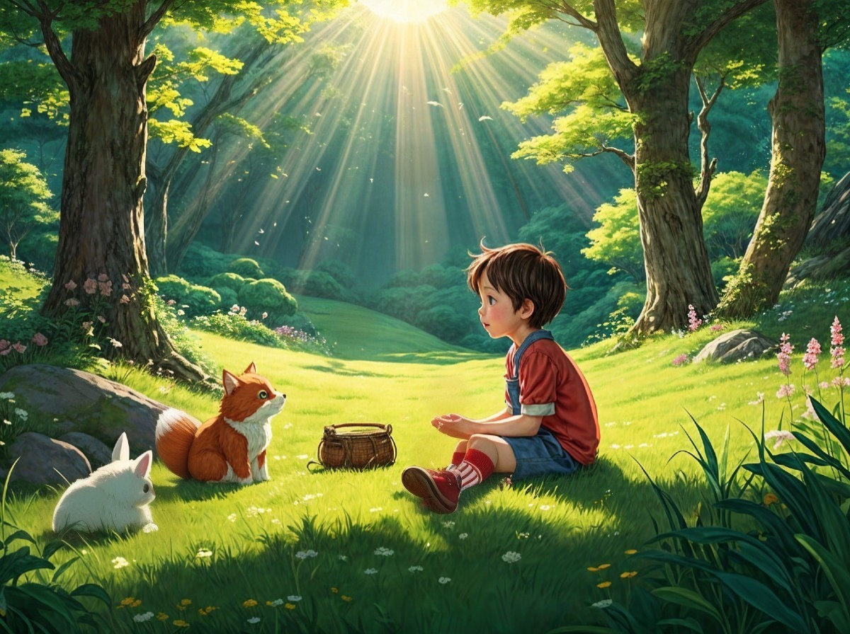 Young Boy Observes Fox and Rabbit in Forest Clearing