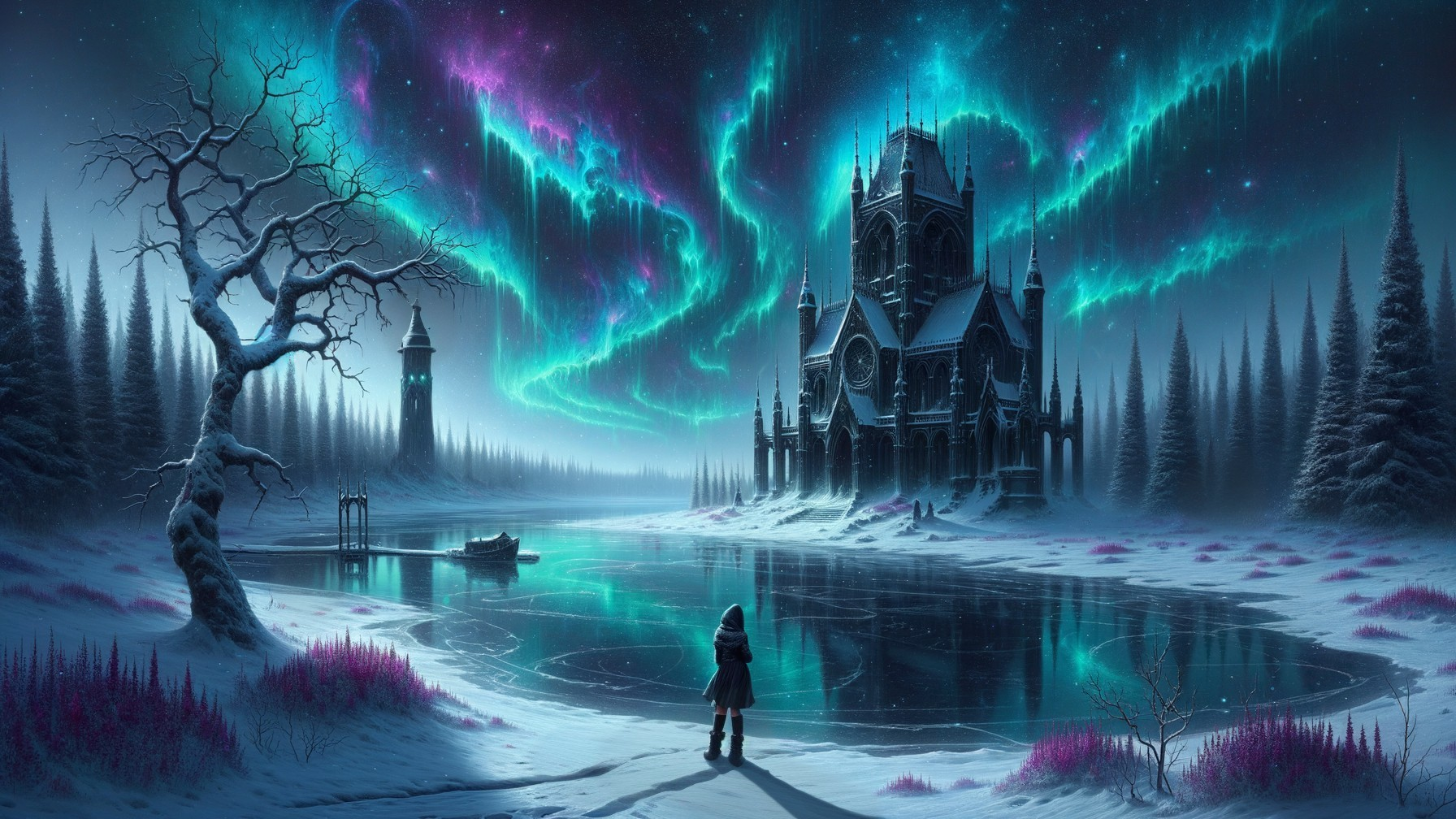Gothic castle by icy lake under vibrant auroras