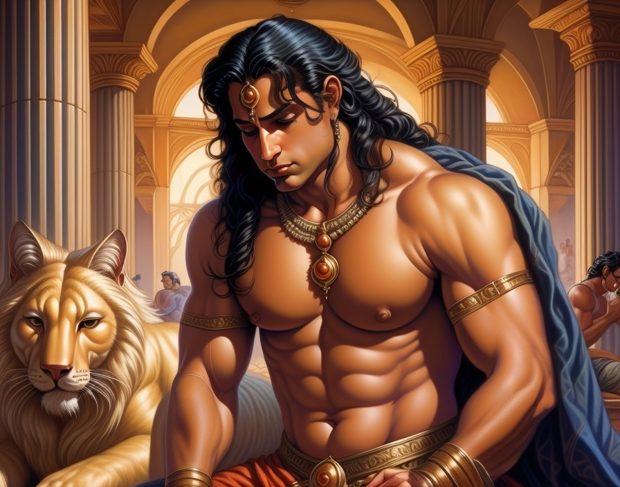 Muscular Figure with Lion in Grand Architectural Setting