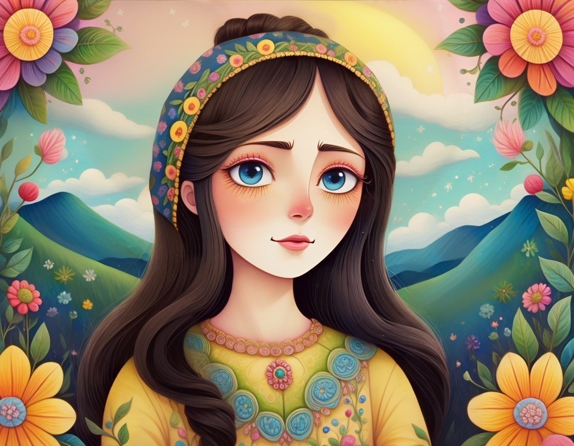 Young girl in yellow dress with floral headband in landscape