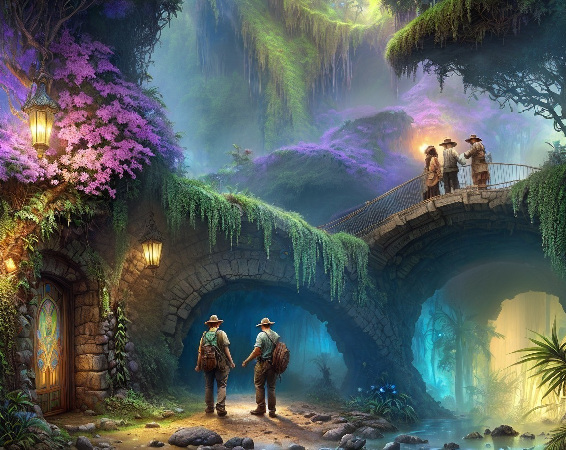 Adventurers in a Lush Landscape with Flower Archway