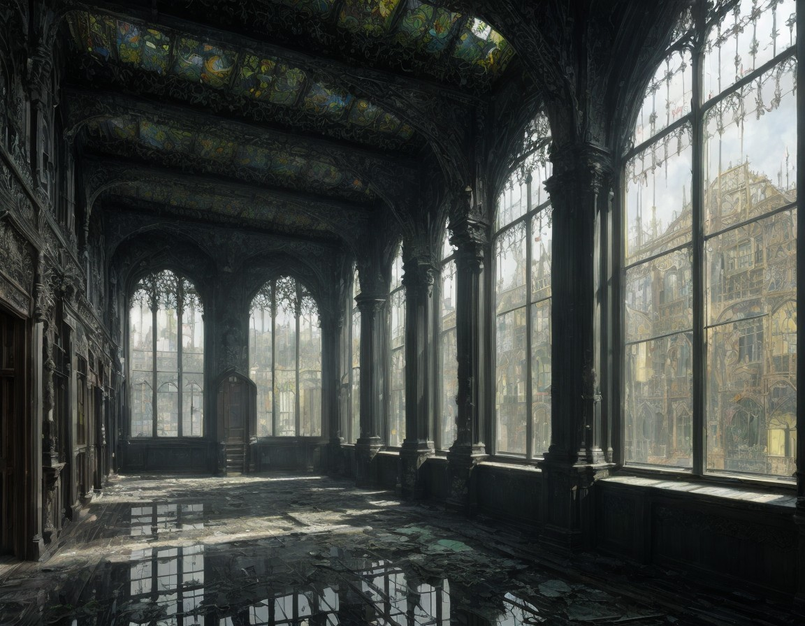 Abandoned Opulent Room with Grand Windows and Cityscape