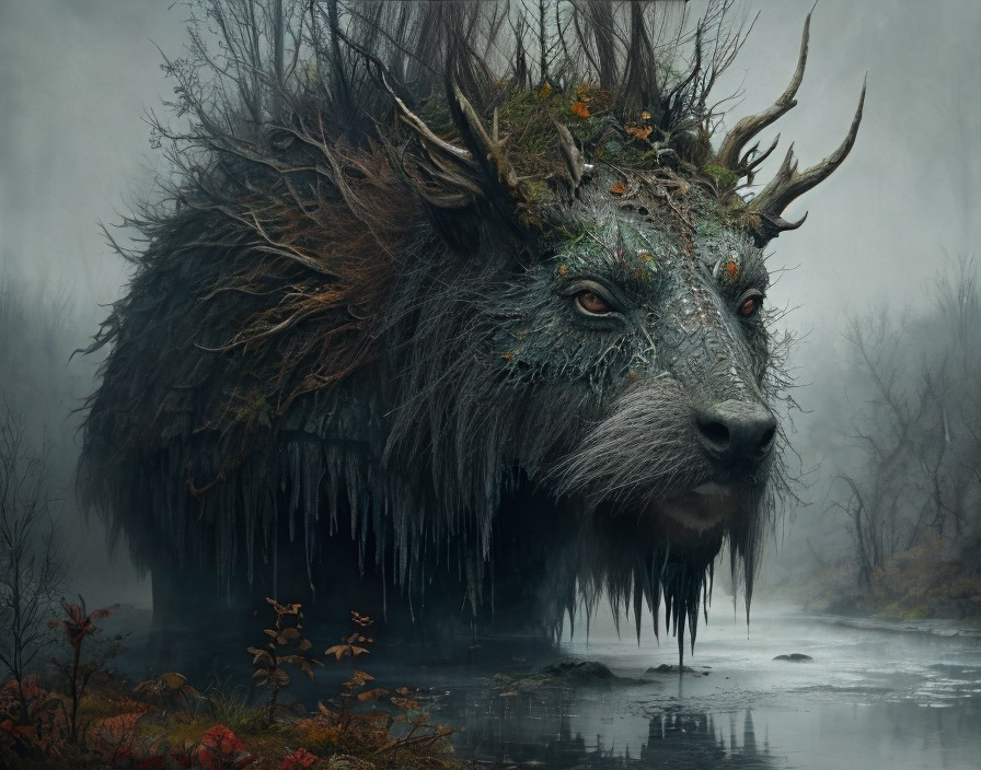 Mythical Creature in Foggy Landscape with Antlers