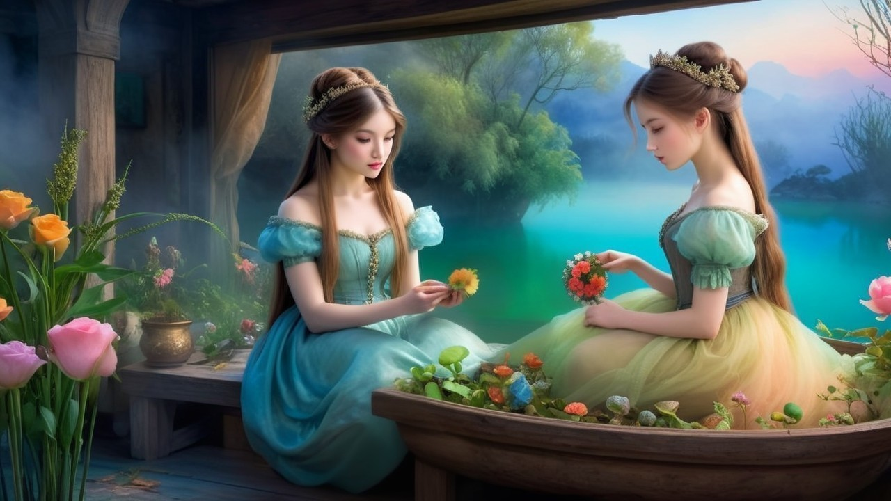 Two Women by a Tranquil Lake in Pastel Dresses
