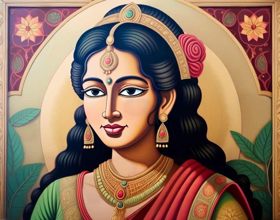 Stylized Divine Feminine Figure in Vibrant Sari