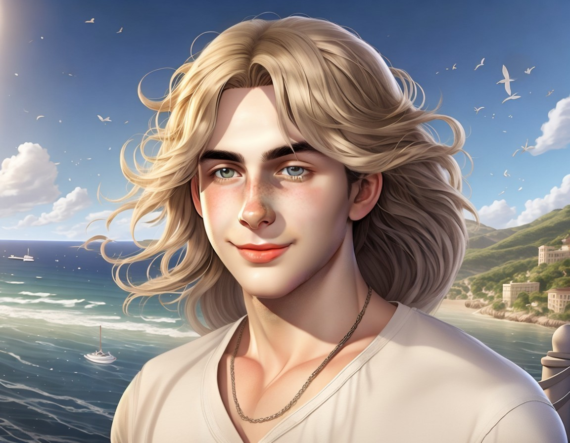 Young man with blonde hair at a coastal backdrop