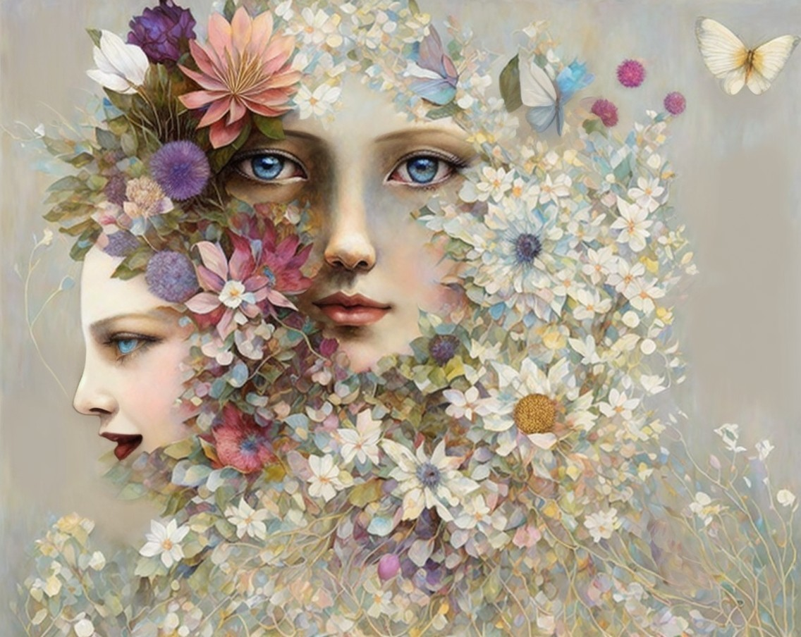 Artistic Faces with Floral Background and Butterflies