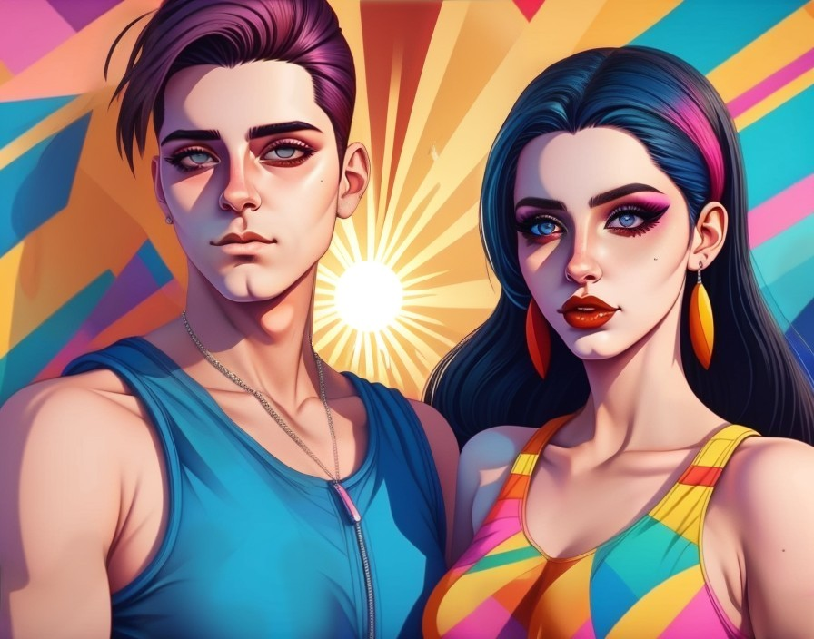 Colorful Portrait of Young Couple with Geometric Background